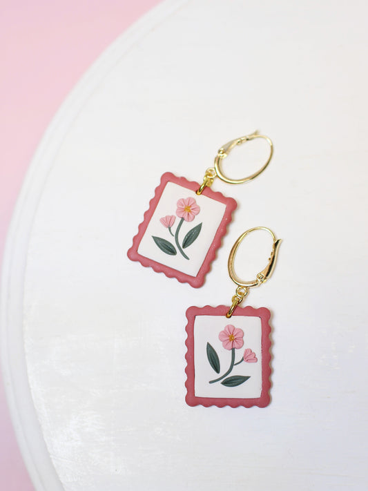 Pink Cosmos - Postage Stamp Earrings