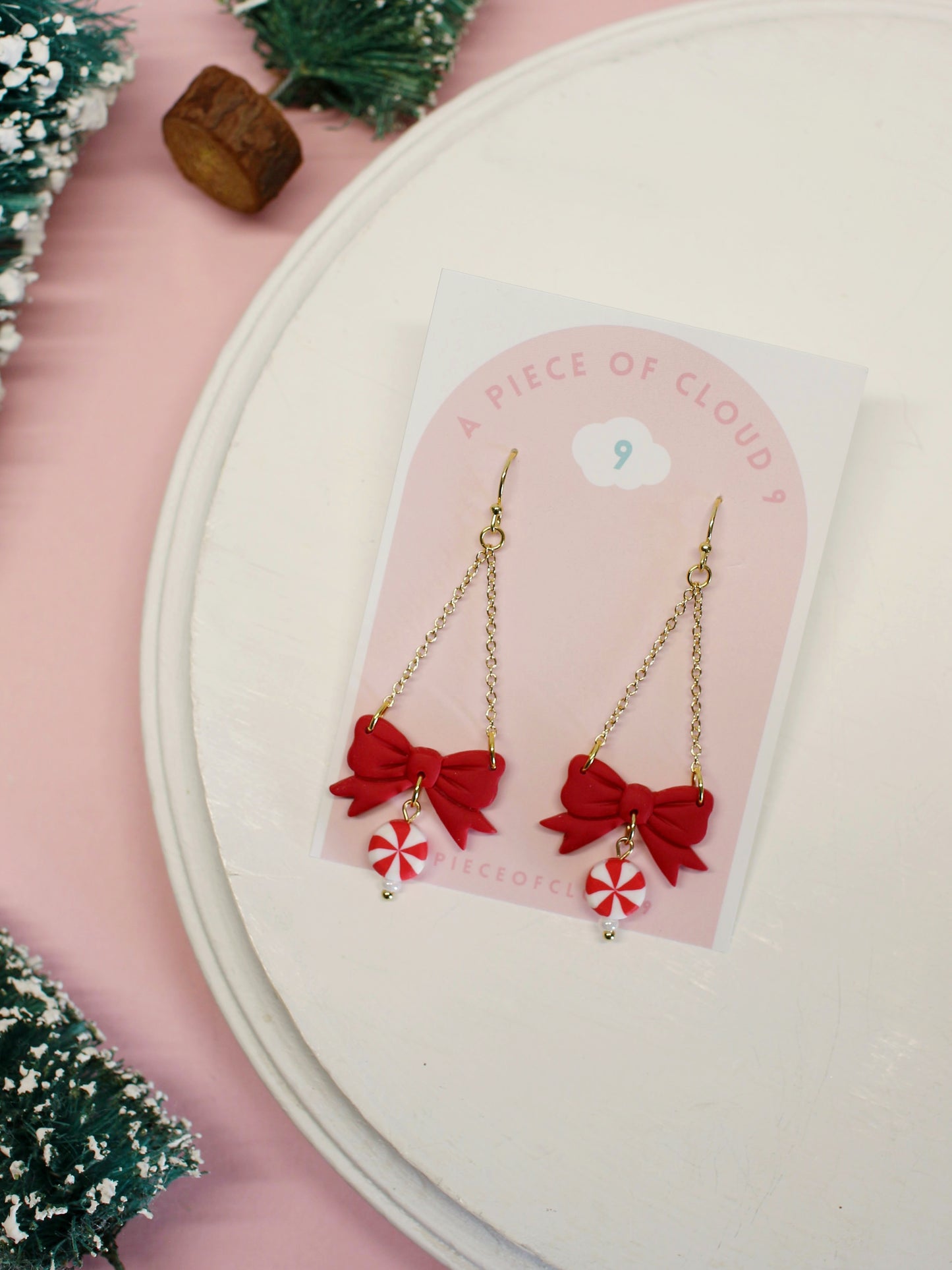 Peppermint Bows - Droplet Christmas Earrings