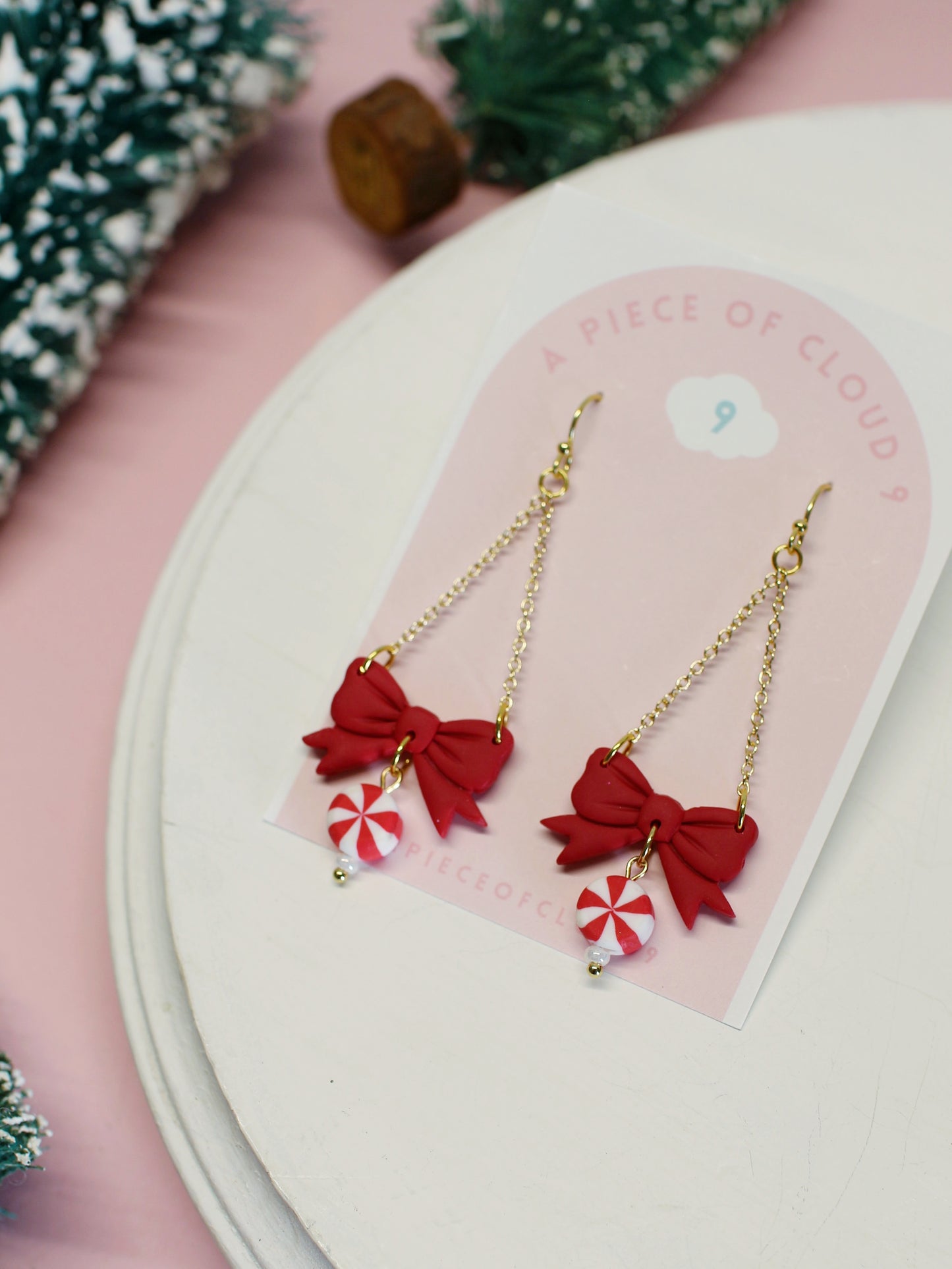 Peppermint Bows - Droplet Christmas Earrings